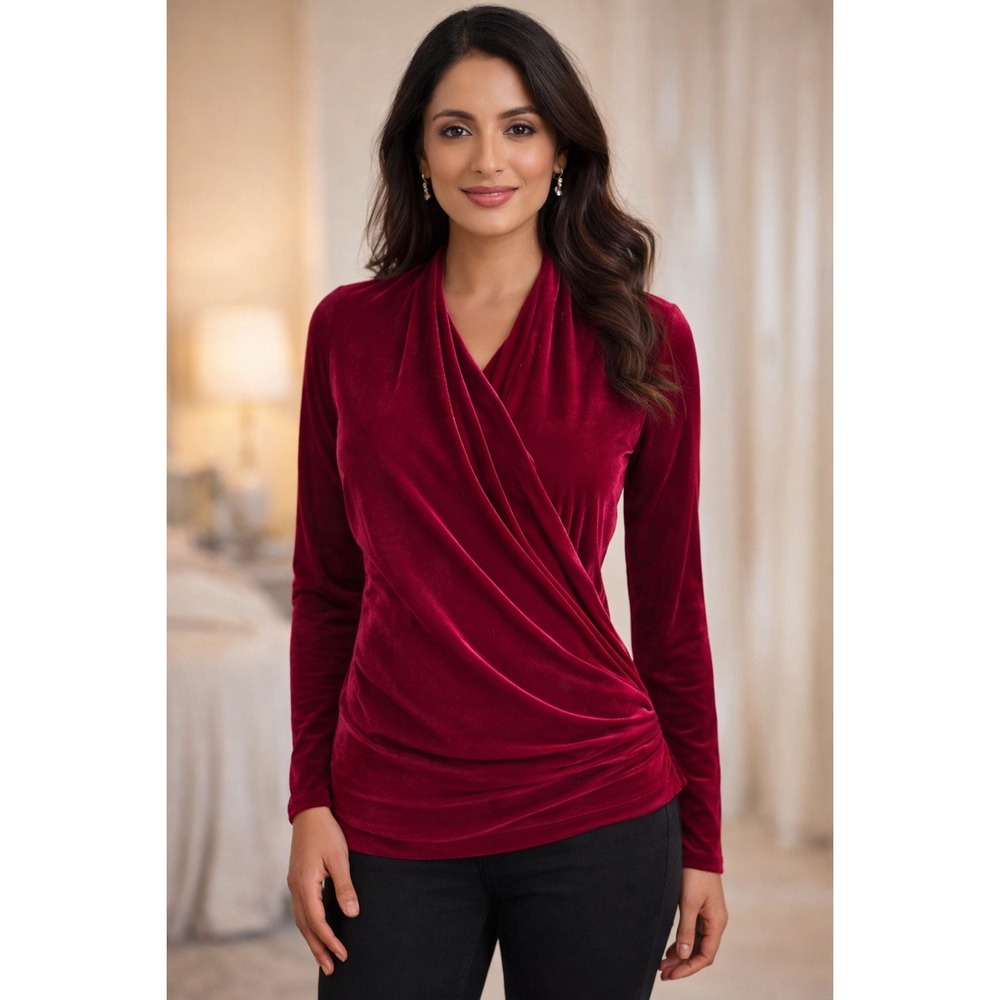 Pure Collection Womens Red Velvet Wrap Top Long Sleeve Ruched Blouse Size‎ US 2
